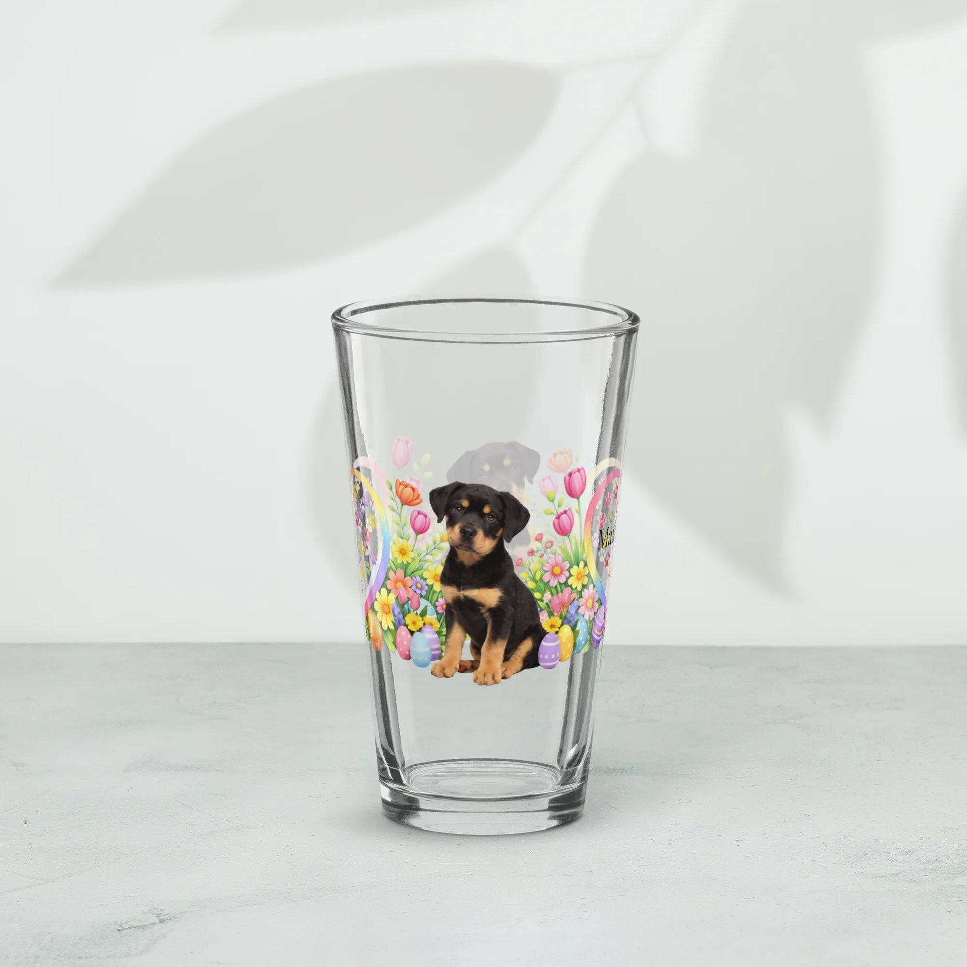 Shop our premium rottweiler black tan easter puppy pint glass from MySisterIsASurvivor.