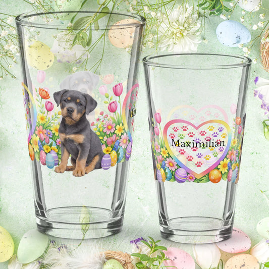 Shop our rottweiler blue easter puppy pint glass featuring the 16oz style option from MySisterIsASurvivor.