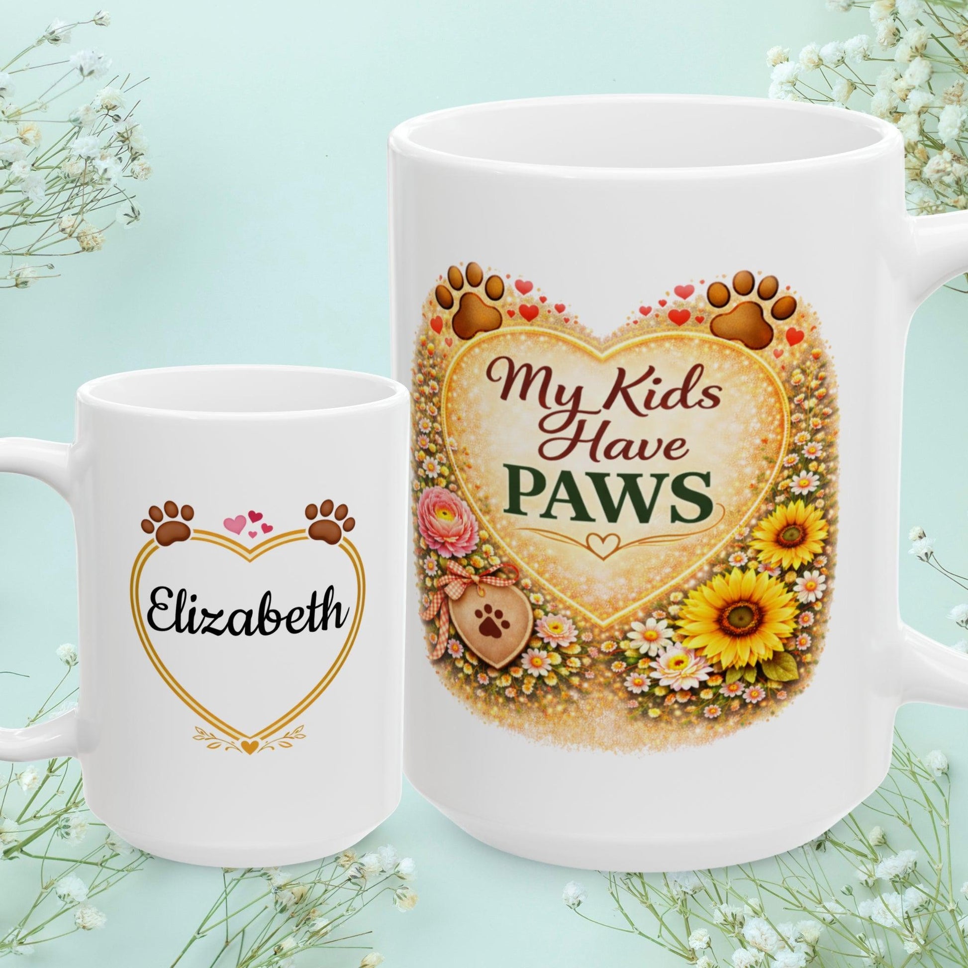 Shop our my kids have paws fur mom mug featuring the 15oz style option from MySisterIsASurvivor.