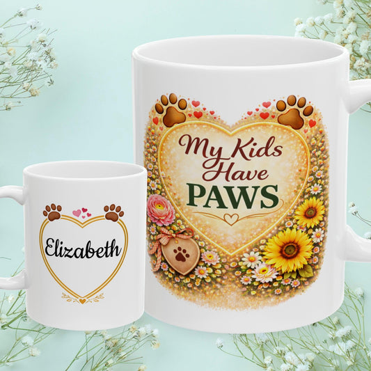 Shop our my kids have paws fur mom mug featuring the 11oz style option from MySisterIsASurvivor.