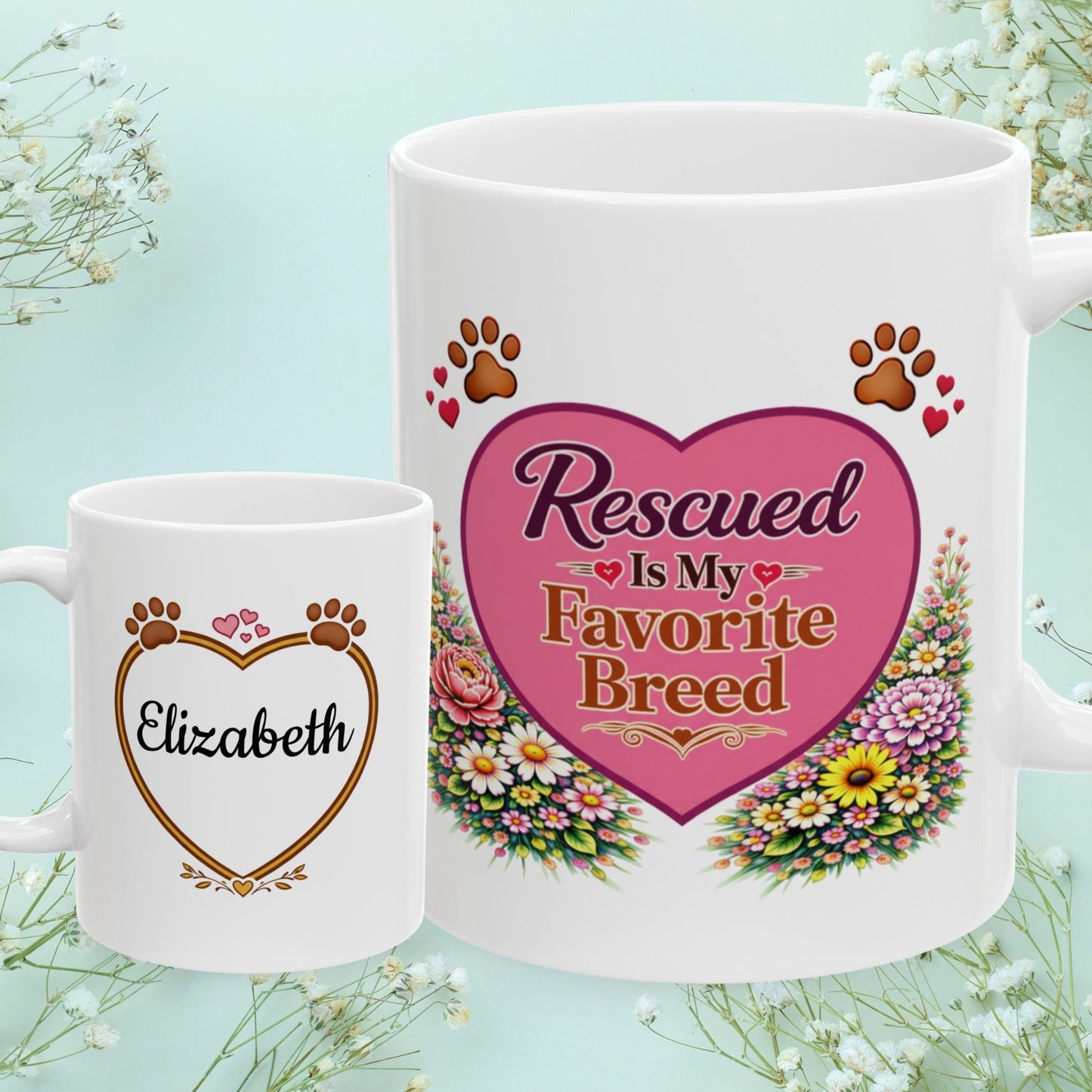 Shop our rescued is my favorite breed fur mom mug featuring the 11oz style option from MySisterIsASurvivor.