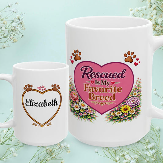 Shop our rescued is my favorite breed fur mom mug featuring the 15oz style option from MySisterIsASurvivor.