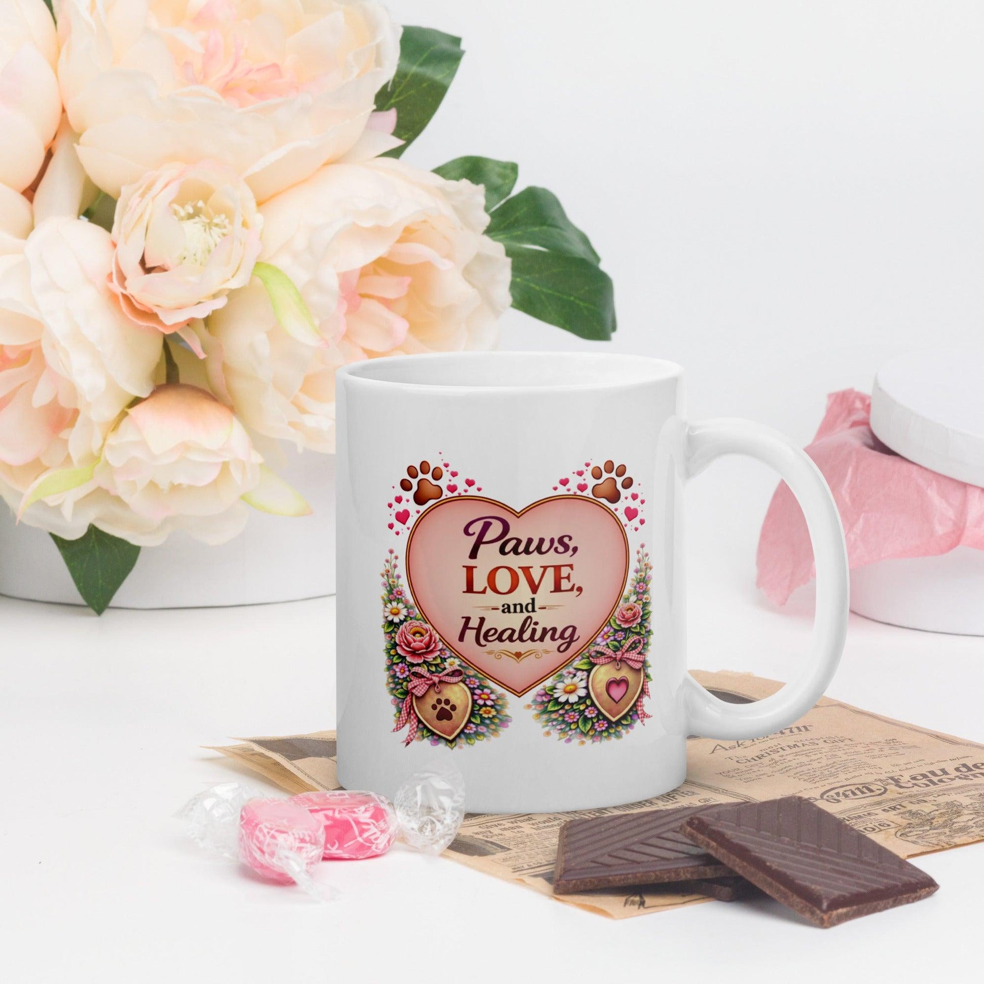 Shop our premium paws love and healing fur mom mug from MySisterIsASurvivor.