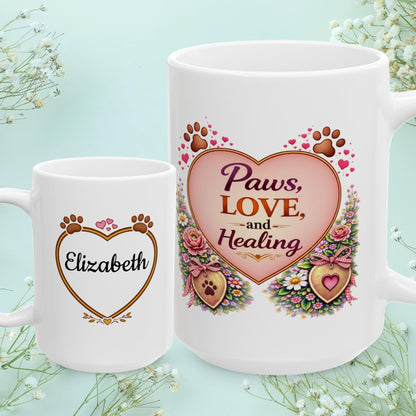 Shop our paws love and healing fur mom mug featuring the 15oz style option from MySisterIsASurvivor.