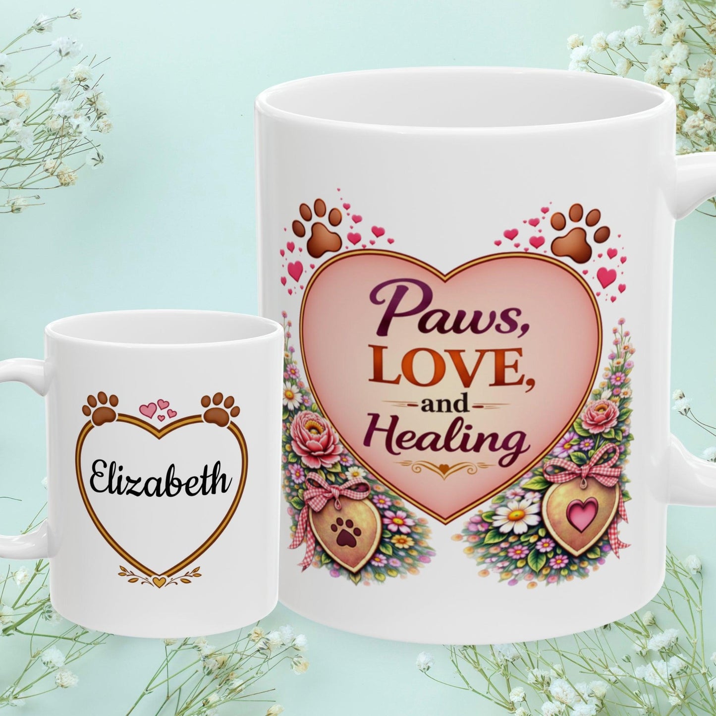 Shop our paws love and healing fur mom mug featuring the 11oz style option from MySisterIsASurvivor.