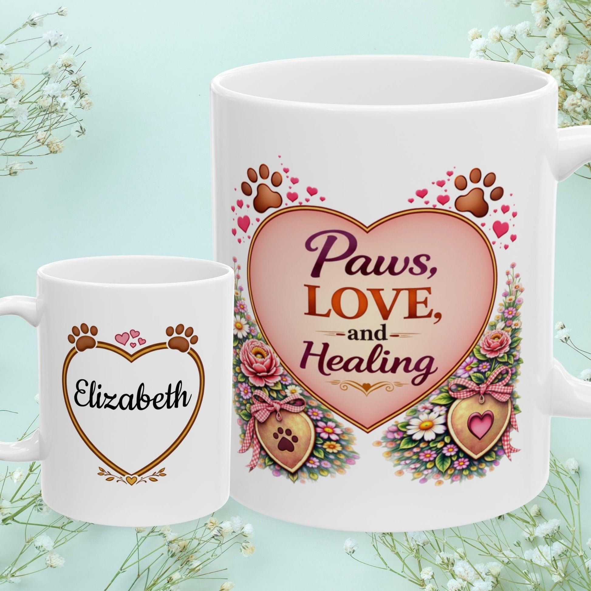Shop our paws love and healing fur mom mug featuring the 11oz style option from MySisterIsASurvivor.