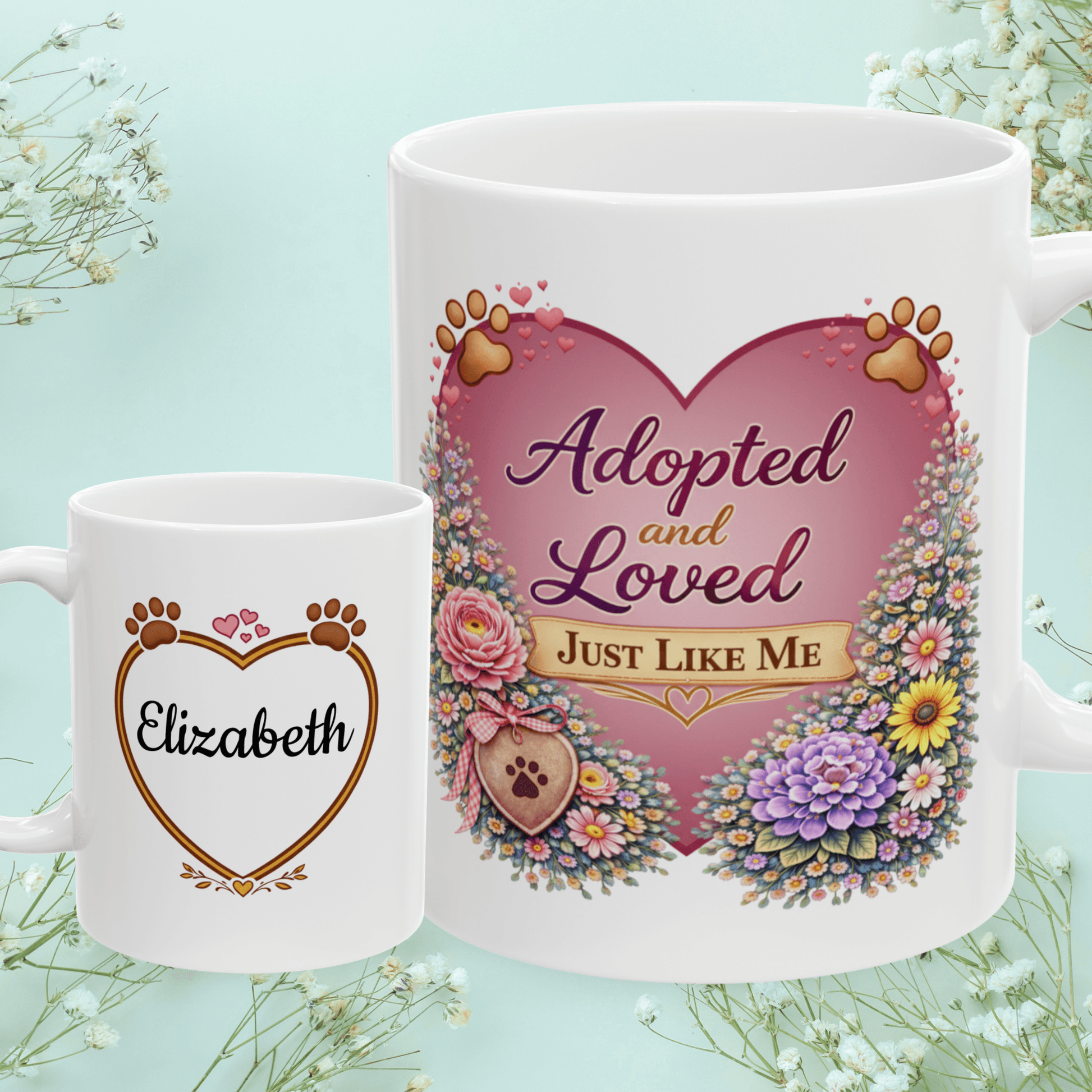Shop our adopted and loved just like me fur mom mug featuring the 11oz style option from MySisterIsASurvivor.