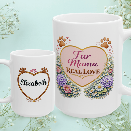 Shop our fur mama real love fur mom mug featuring the 15oz style option from MySisterIsASurvivor.