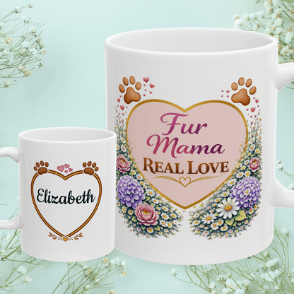 Shop our fur mama real love fur mom mug featuring the 11oz style option from MySisterIsASurvivor.