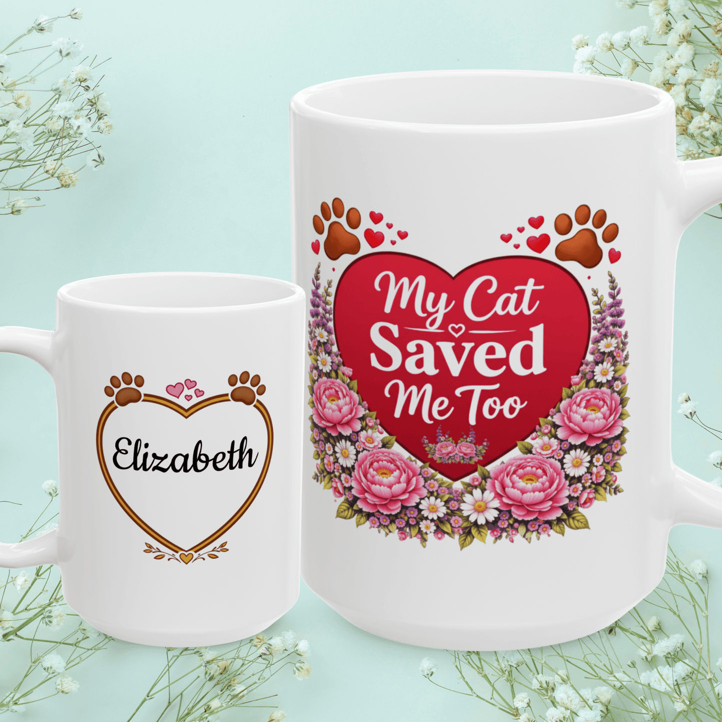 Shop our my cat saved me too fur mom mug featuring the 15oz style option from MySisterIsASurvivor.