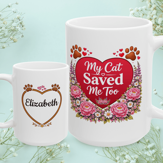 Shop our my cat saved me too fur mom mug featuring the 15oz style option from MySisterIsASurvivor.