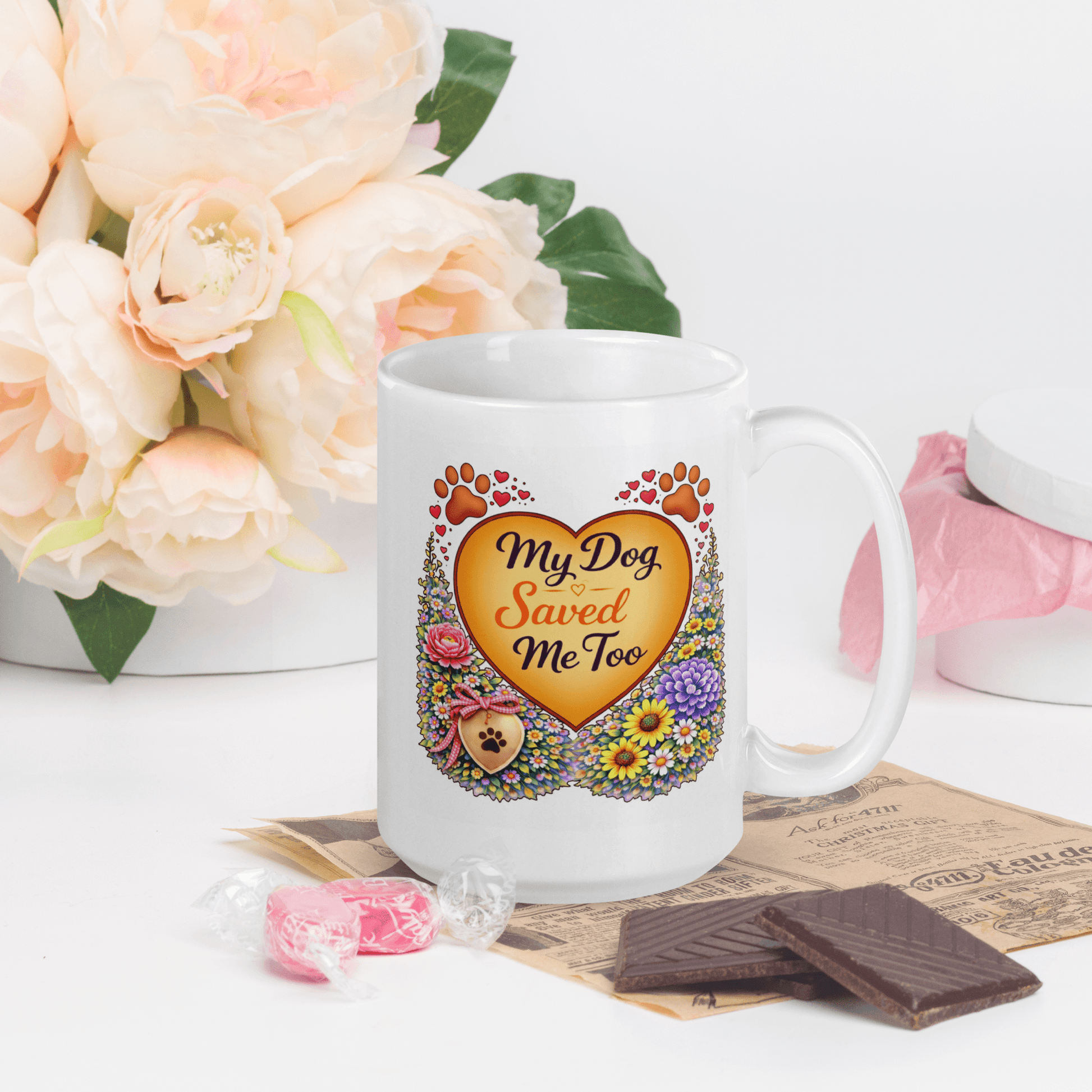 Shop our premium my dog saved me too fur mom mug from MySisterIsASurvivor.