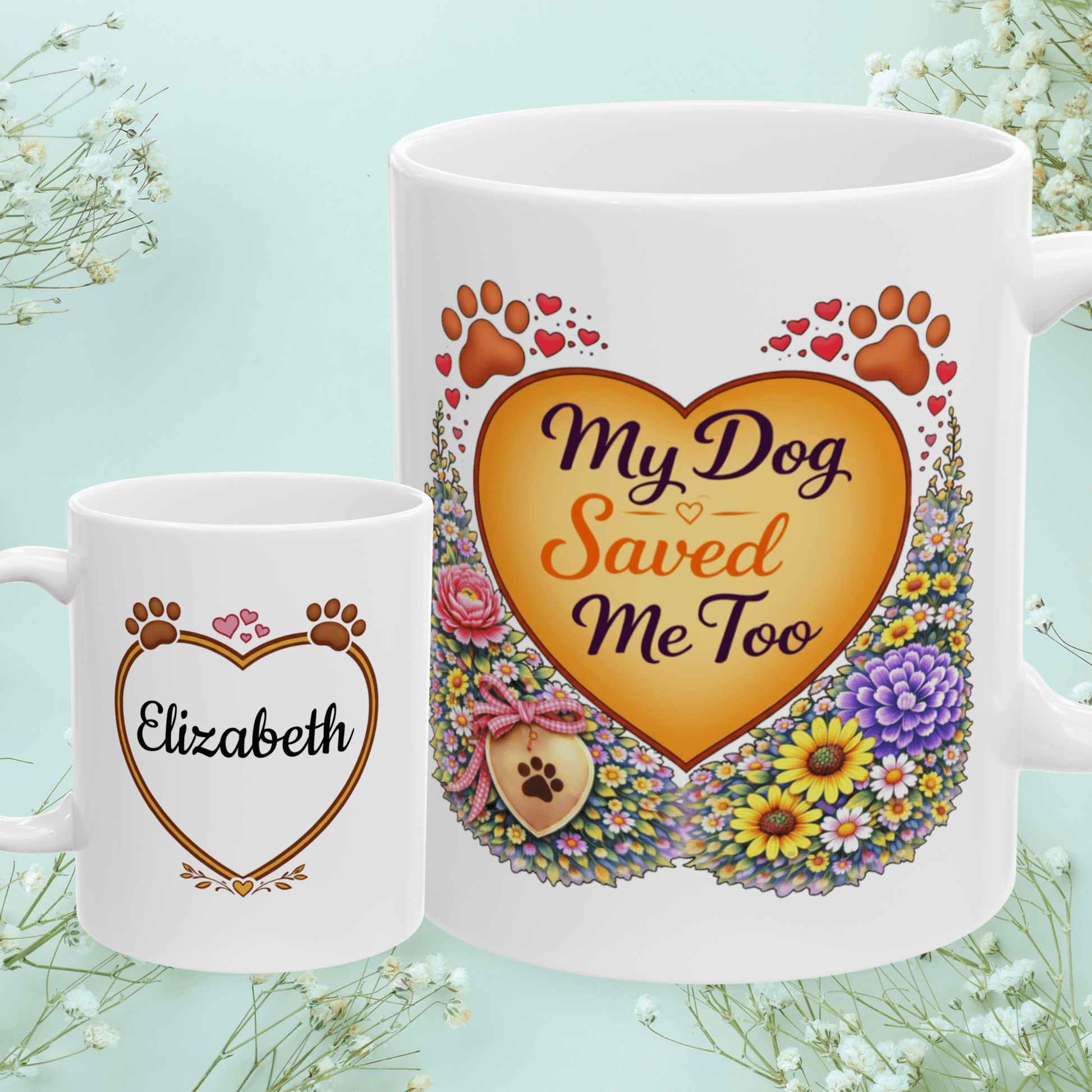 Shop our my dog saved me too fur mom mug featuring the 11oz style option from MySisterIsASurvivor.