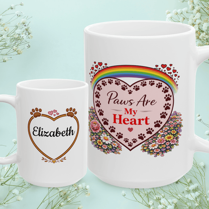 Shop our paws are my heart fur mom mug featuring the 15oz style option from MySisterIsASurvivor.