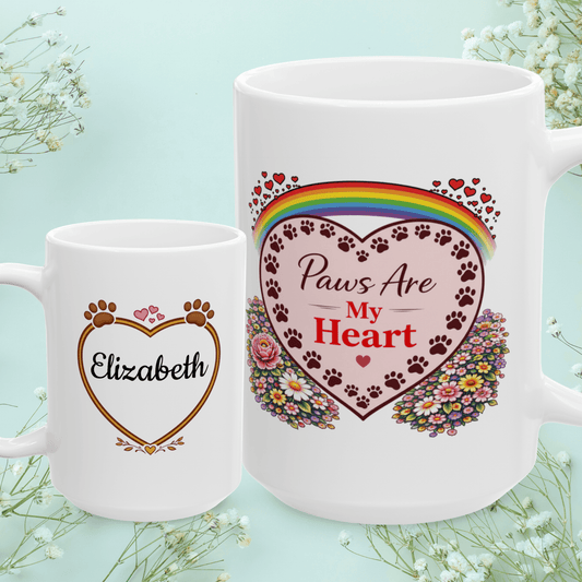 Shop our paws are my heart fur mom mug featuring the 15oz style option from MySisterIsASurvivor.