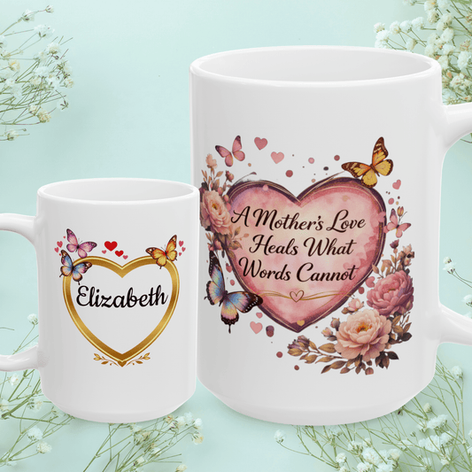 Shop our a mothers love heals what words cannot mug featuring the 15oz style option from MySisterIsASurvivor.