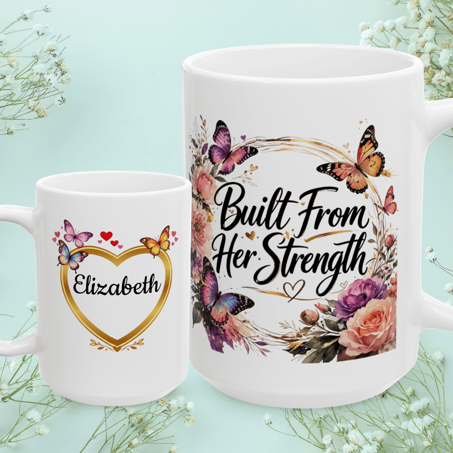 Shop our built from her strength mug featuring the 15oz style option from MySisterIsASurvivor.