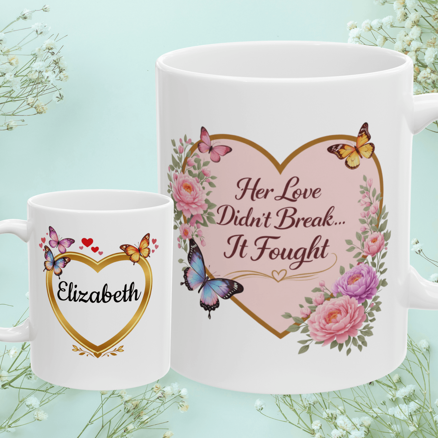 Shop our her love didnt break it fought mug featuring the 11oz style option from MySisterIsASurvivor.