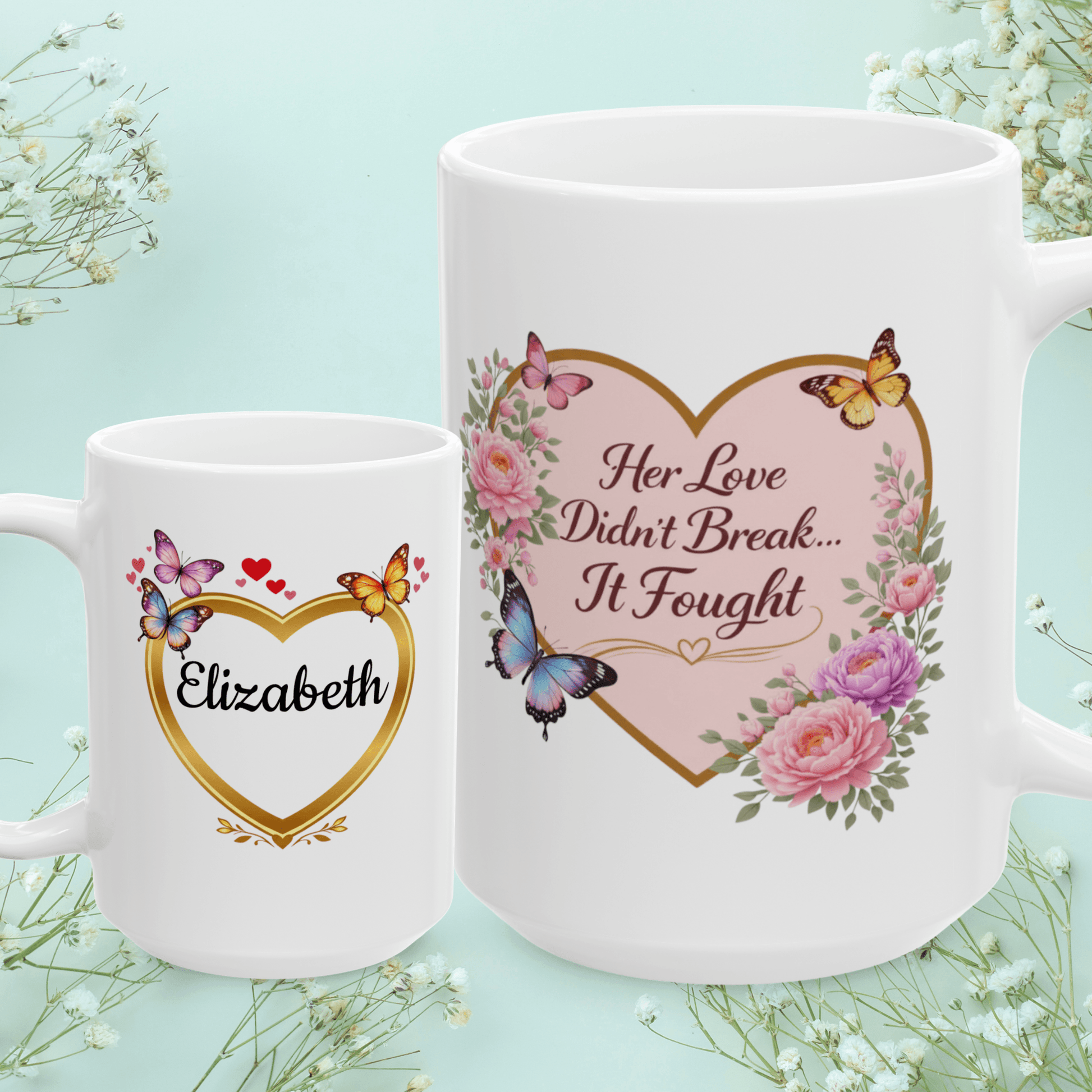 Shop our her love didnt break it fought mug featuring the 15oz style option from MySisterIsASurvivor.