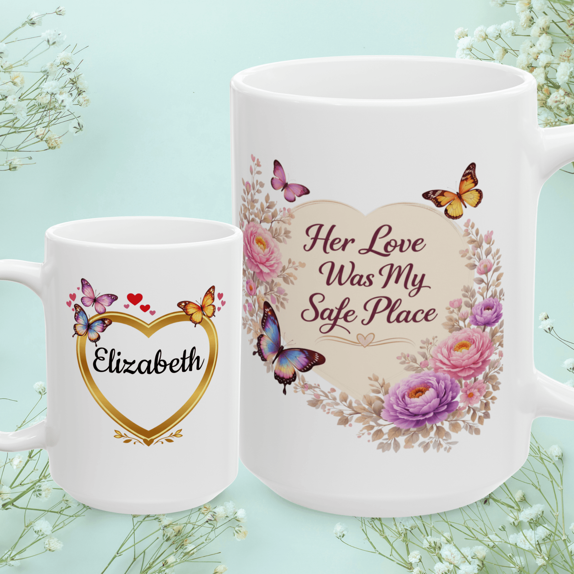 Shop our her love was my safe place mug featuring the 15oz style option from MySisterIsASurvivor.