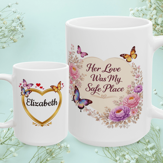 Shop our her love was my safe place mug featuring the 15oz style option from MySisterIsASurvivor.