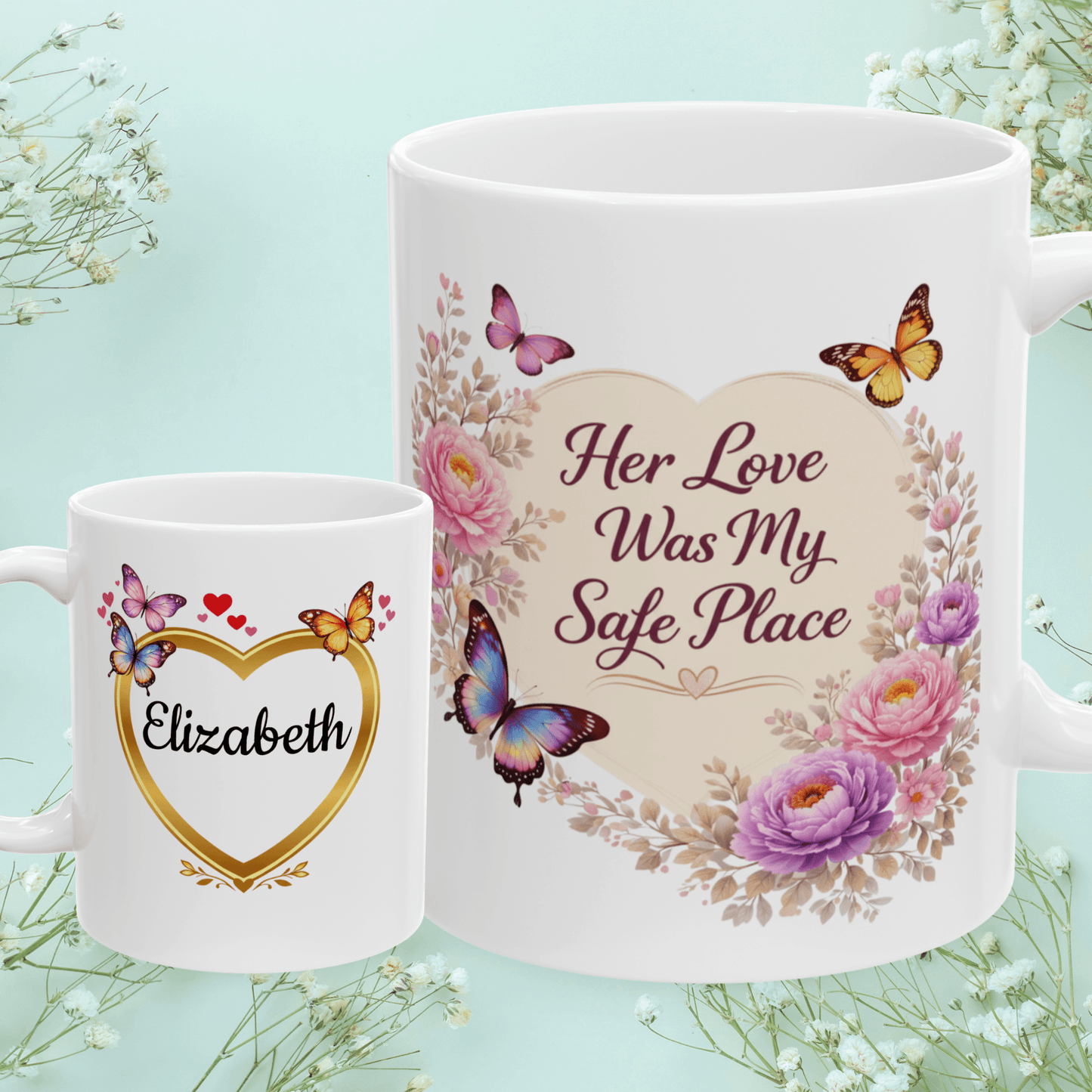 Shop our her love was my safe place mug featuring the 11oz style option from MySisterIsASurvivor.
