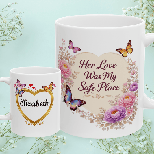 Shop our her love was my safe place mug featuring the 11oz style option from MySisterIsASurvivor.