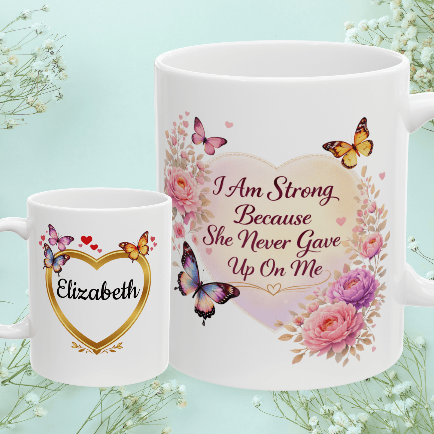 Shop our i am strong because she never gave up on me mug featuring the 11oz style option from MySisterIsASurvivor.