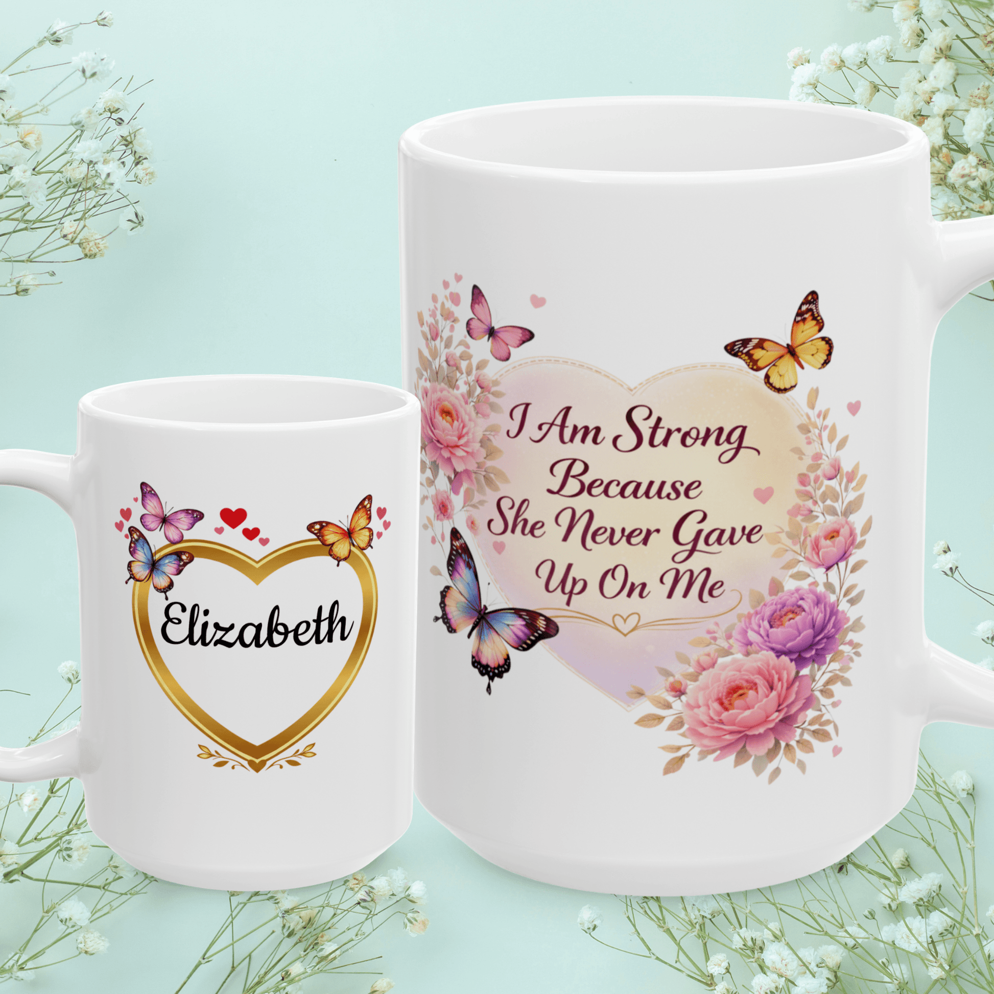 Shop our i am strong because she never gave up on me mug featuring the 15oz style option from MySisterIsASurvivor.