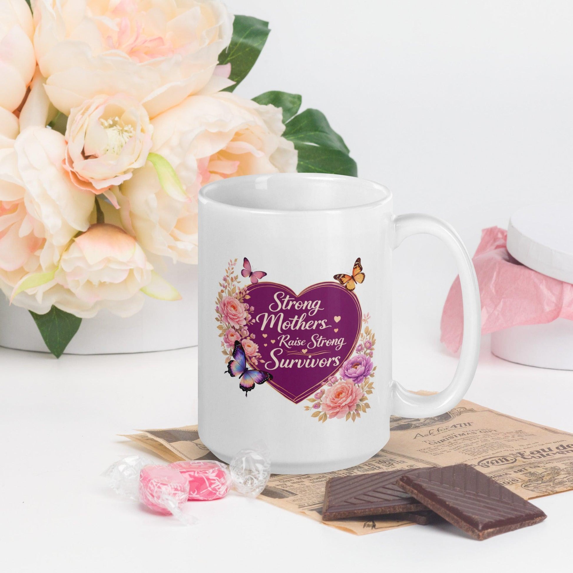 Shop our premium strong mothers raise strong survivors mug from MySisterIsASurvivor.