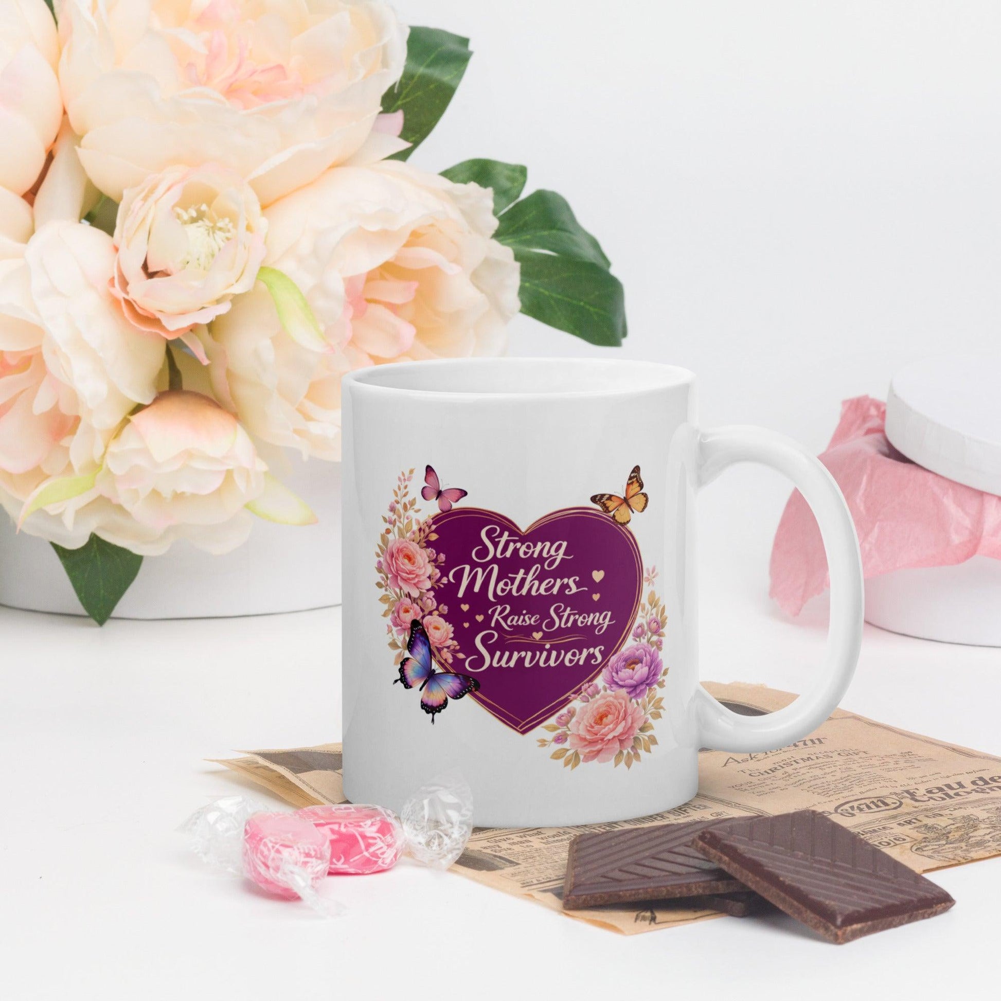 Shop our premium strong mothers raise strong survivors mug from MySisterIsASurvivor.