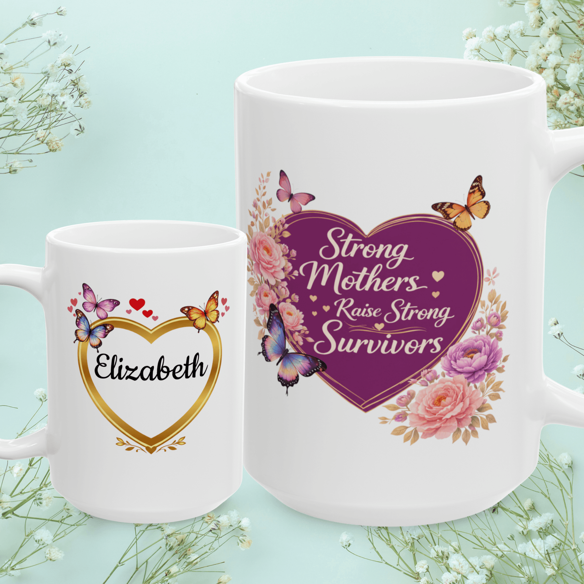 Shop our strong mothers raise strong survivors mug featuring the 15oz style option from MySisterIsASurvivor.