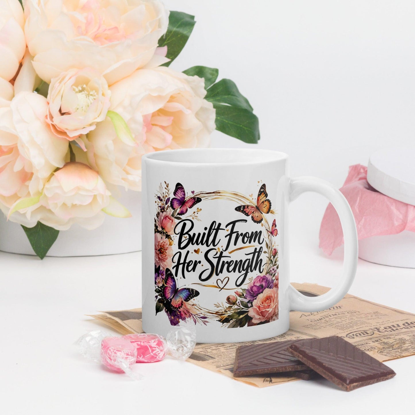 Shop our premium built from her strength mug from MySisterIsASurvivor.