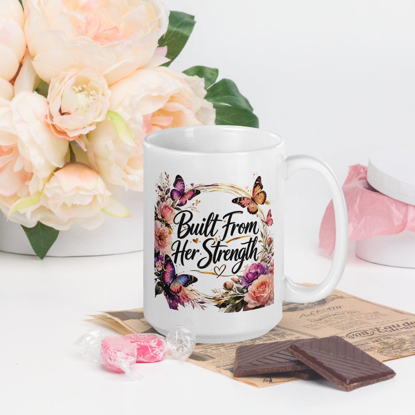 Shop our premium built from her strength mug from MySisterIsASurvivor.