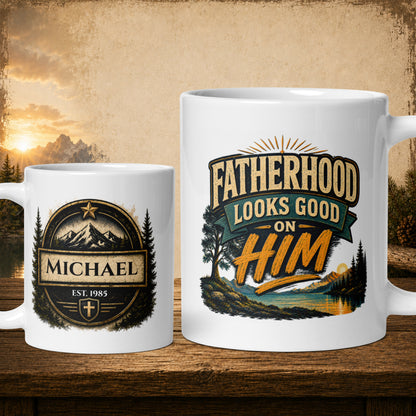 Fatherhood looks good on him personalized mug, fun Father’s Day gift for dad