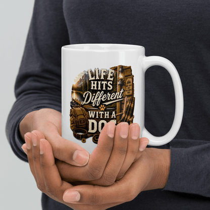 Shop our premium life hits different with a dog mug from MySisterIsASurvivor.