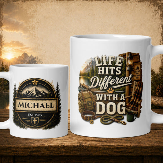 Shop our life hits different with a dog mug featuring the 11oz style option from MySisterIsASurvivor.