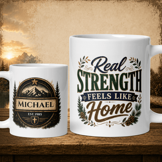 Shop our real strength feels like home mug featuring the 11oz style option from MySisterIsASurvivor.
