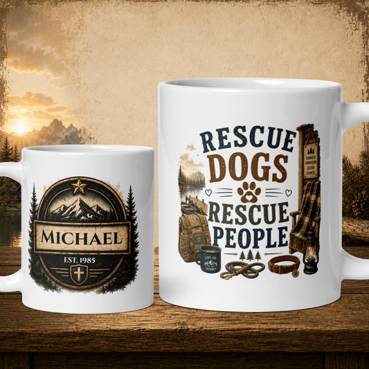 Shop our rescue dogs rescue people mug featuring the 11oz style option from MySisterIsASurvivor.