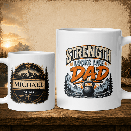Shop our strength looks like dad mug featuring the 11oz style option from MySisterIsASurvivor.