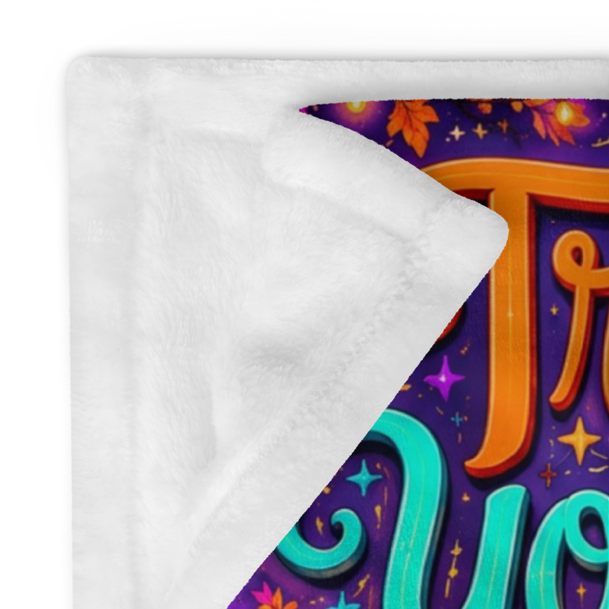 A colorful Halloween-themed blanket with the phrase “Treat Yourself Kindly” in large decorative lettering. The scene shows a smiling ghost in a witch hat holding a mug, surrounded by pumpkins, flowers, a house, candles, and autumn leaves on a purple background.