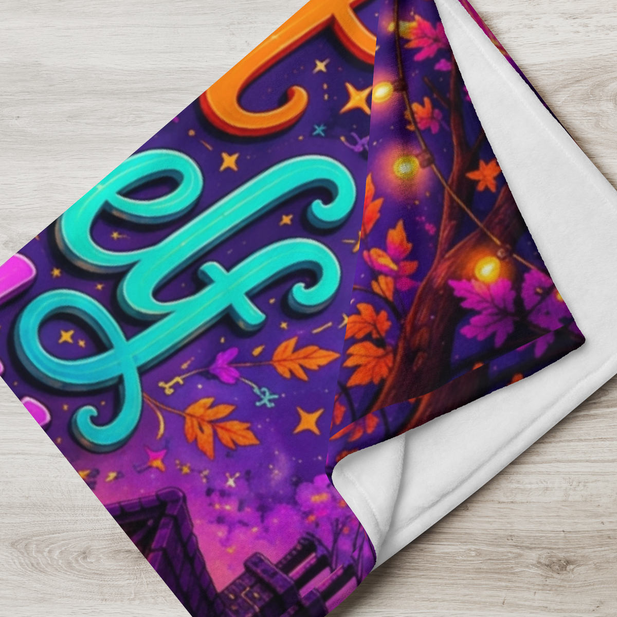 A colorful Halloween-themed blanket with the phrase “Treat Yourself Kindly” in large decorative lettering. The scene shows a smiling ghost in a witch hat holding a mug, surrounded by pumpkins, flowers, a house, candles, and autumn leaves on a purple background.
