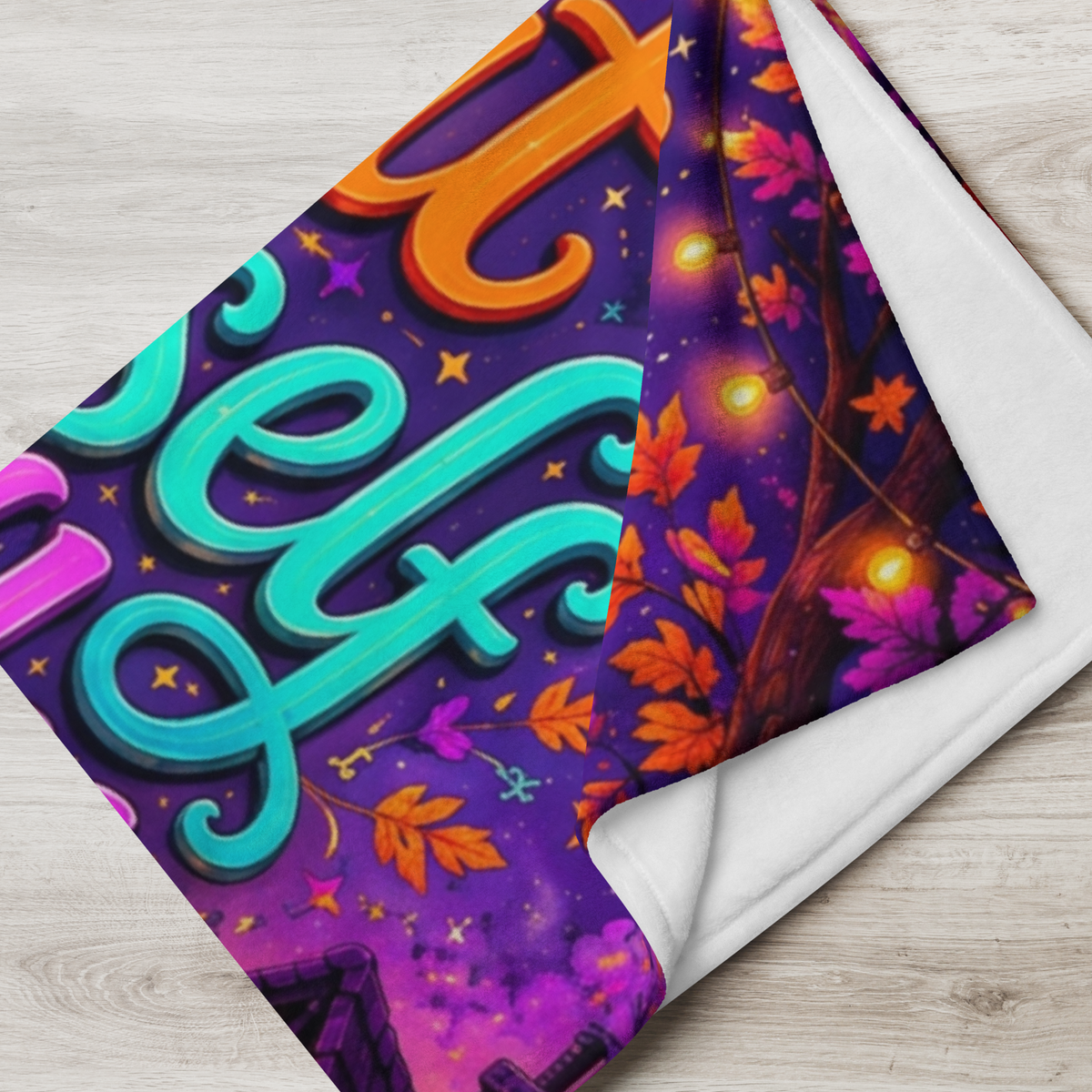 A colorful Halloween-themed blanket with the phrase “Treat Yourself Kindly” in large decorative lettering. The scene shows a smiling ghost in a witch hat holding a mug, surrounded by pumpkins, flowers, a house, candles, and autumn leaves on a purple background.