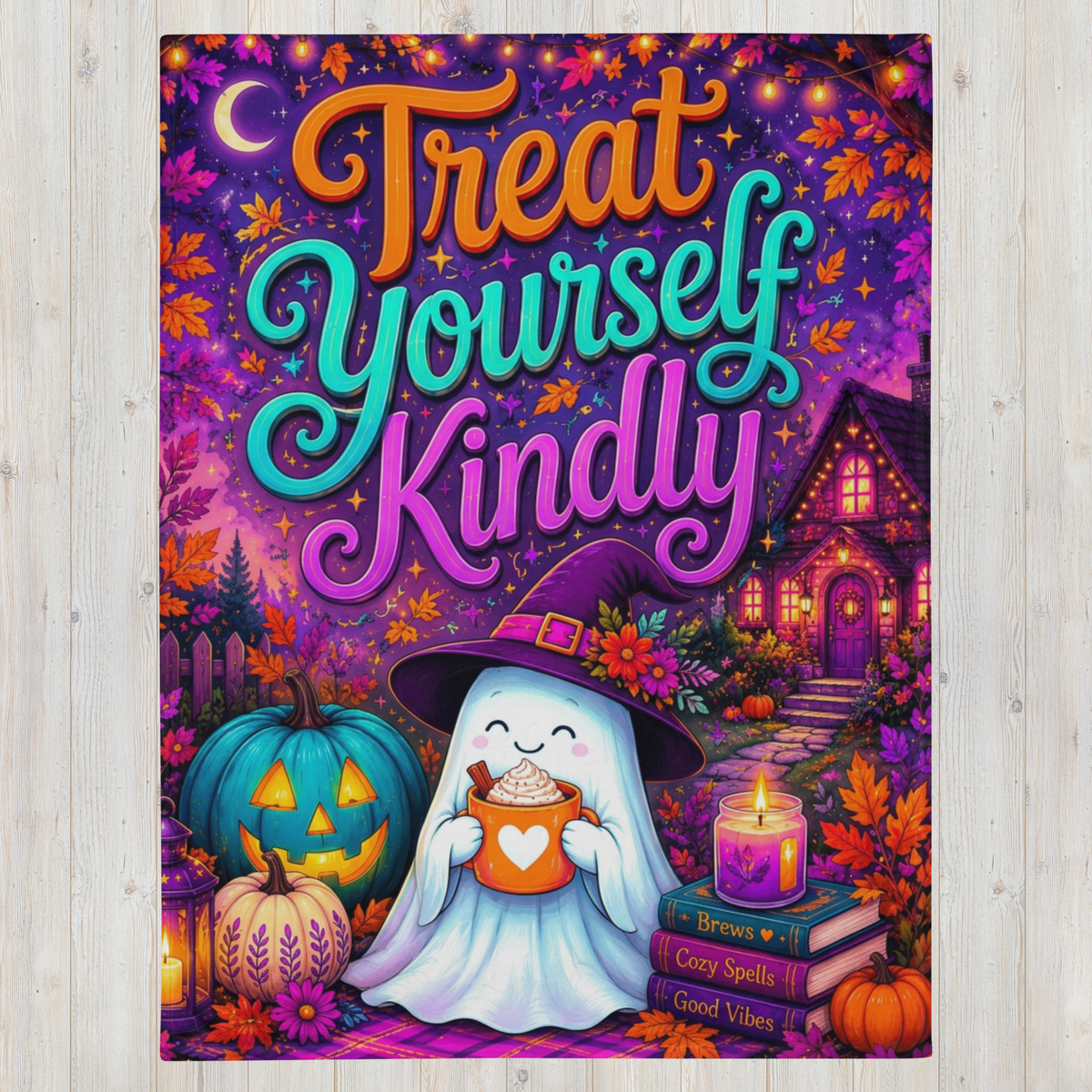A colorful Halloween-themed blanket with the phrase “Treat Yourself Kindly” in large decorative lettering. The scene shows a smiling ghost in a witch hat holding a mug, surrounded by pumpkins, flowers, a house, candles, and autumn leaves on a purple background.
