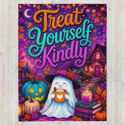 A colorful Halloween-themed blanket with the phrase “Treat Yourself Kindly” in large decorative lettering. The scene shows a smiling ghost in a witch hat holding a mug, surrounded by pumpkins, flowers, a house, candles, and autumn leaves on a purple background.
