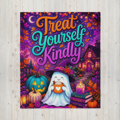 A colorful Halloween-themed blanket with the phrase “Treat Yourself Kindly” in large decorative lettering. The scene shows a smiling ghost in a witch hat holding a mug, surrounded by pumpkins, flowers, a house, candles, and autumn leaves on a purple background.