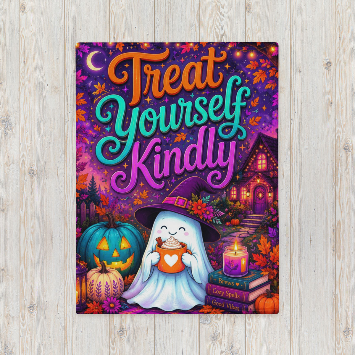 A colorful Halloween-themed blanket with the phrase “Treat Yourself Kindly” in large decorative lettering. The scene shows a smiling ghost in a witch hat holding a mug, surrounded by pumpkins, flowers, a house, candles, and autumn leaves on a purple background.