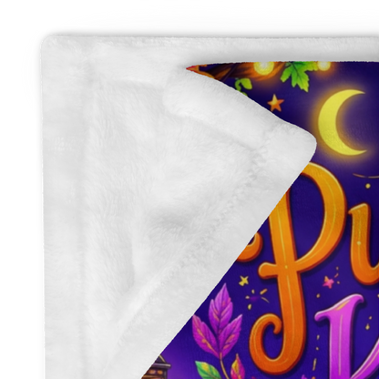 Pumpkin Kisses and Cozy Wishes Velveteen Blanket - Ghost Kissing Pumpkin with Teal Heart Mug and Cottage