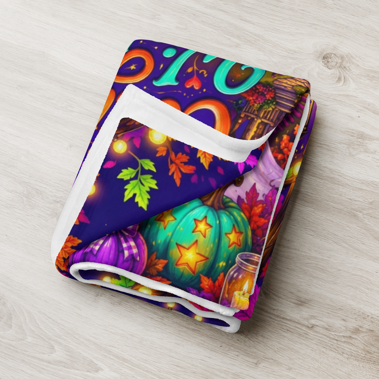 Pumpkin Kisses and Cozy Wishes Velveteen Blanket - Ghost Kissing Pumpkin with Teal Heart Mug and Cottage