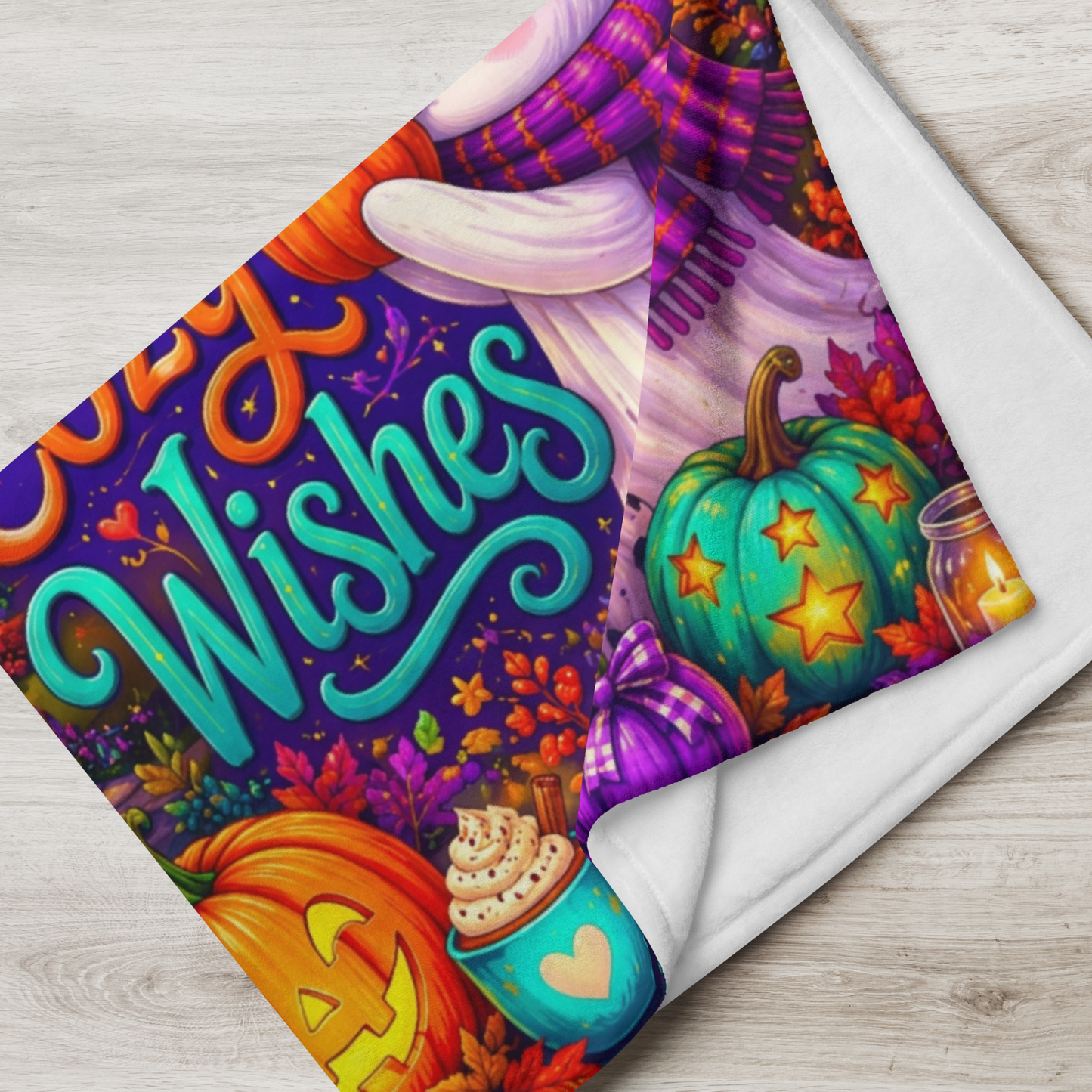 Pumpkin Kisses and Cozy Wishes Velveteen Blanket - Ghost Kissing Pumpkin with Teal Heart Mug and Cottage